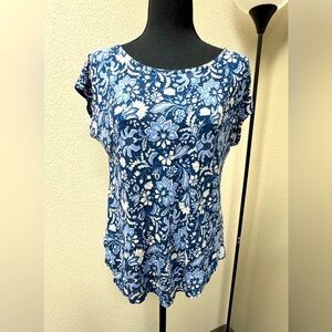 Rachel Zoe Blue and White Cap Sleeve Paisley Print Blouse 100% Linen size Small
